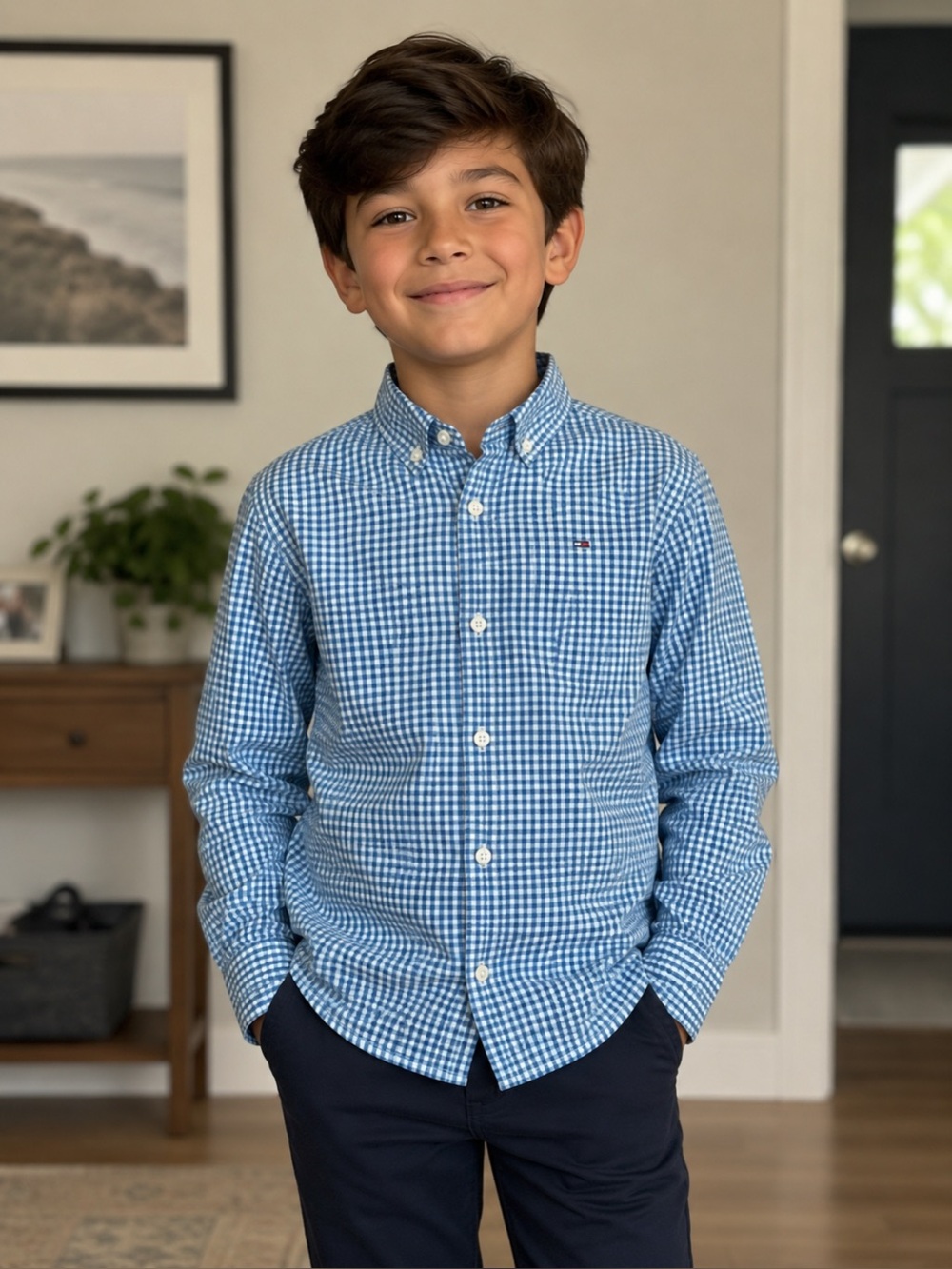 Vineyard Vines Boys Performance Button Down Shirt Size 6 Blue Whale Logo